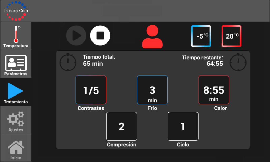 Pantalla del sistema mostrando los parámetros configurados y la confirmación de inicio del proceso, con control de tiempo, temperaturas y ciclos activos.