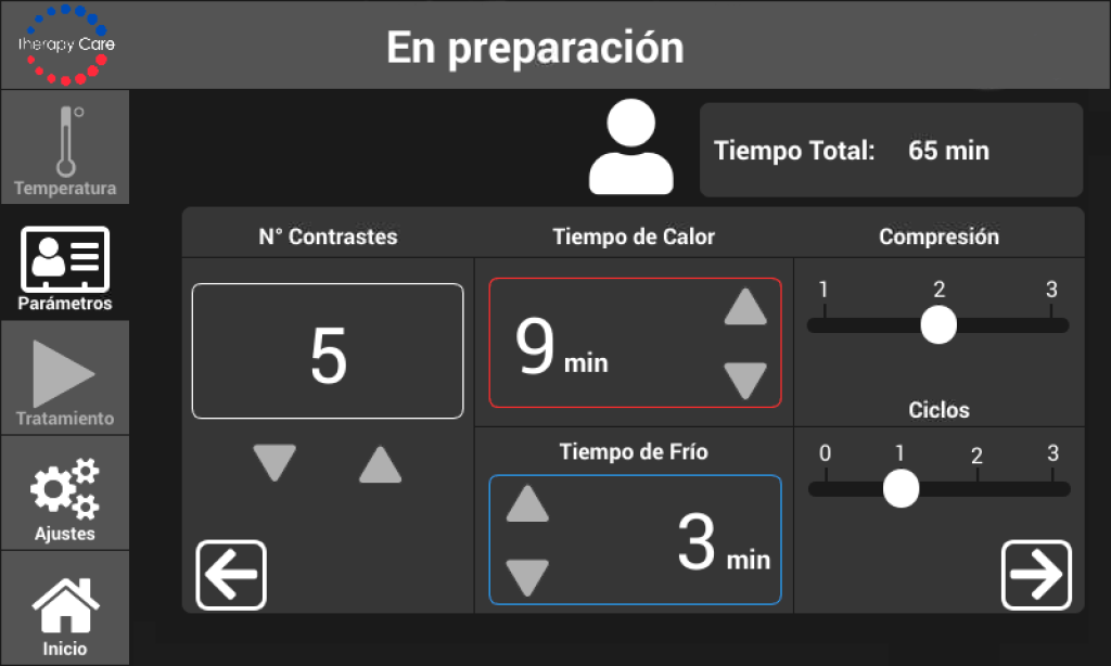 Pantalla de control del sistema que permite ajustar los tiempos de calor y frío, el número de contrastes y los niveles de compresión y ciclos antes del inicio del proceso.