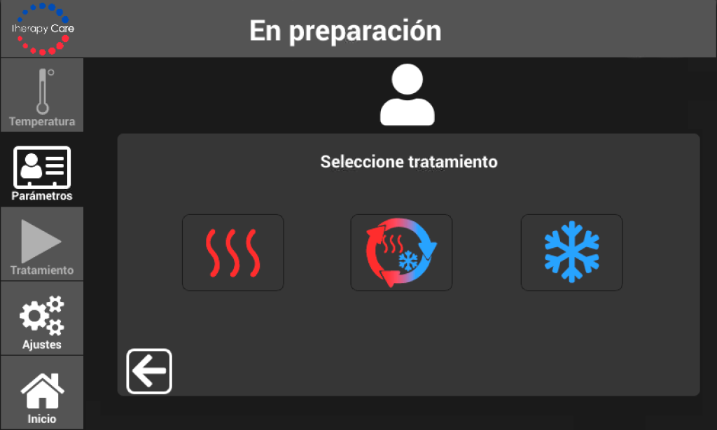 Interfaz digital que muestra la selección de diferentes procesos con opciones de calor, frío o contraste térmico, integrados con compresión hidráulica activa secuencial.