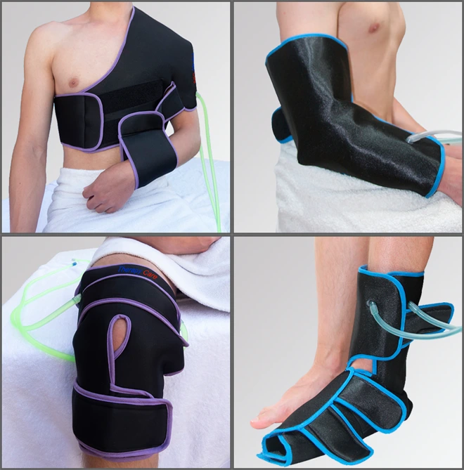 Imagen de diferentes dispositivos de Therapy Care aplicados en hombro, codo, rodilla y tobillo, que combinan crioterapia, termoterapia, contrastes térmicos y compresión secuencial para una recuperación muscular efectiva.