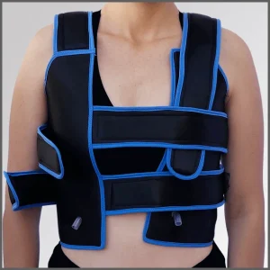 Person using an ergonomically designed vest for the application of heat, cold, or thermal contrasts to the upper body.