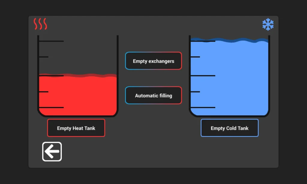 Control screen that displays the hot and cold tanks with draining options and automatic filling indications.