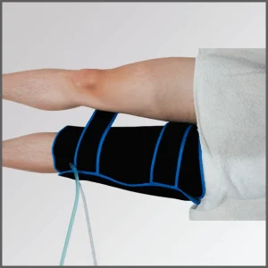 Calf-thigh exchanger - fitted to a person's thigh, with blue edges and connecting tubes, designed for thermal applications.