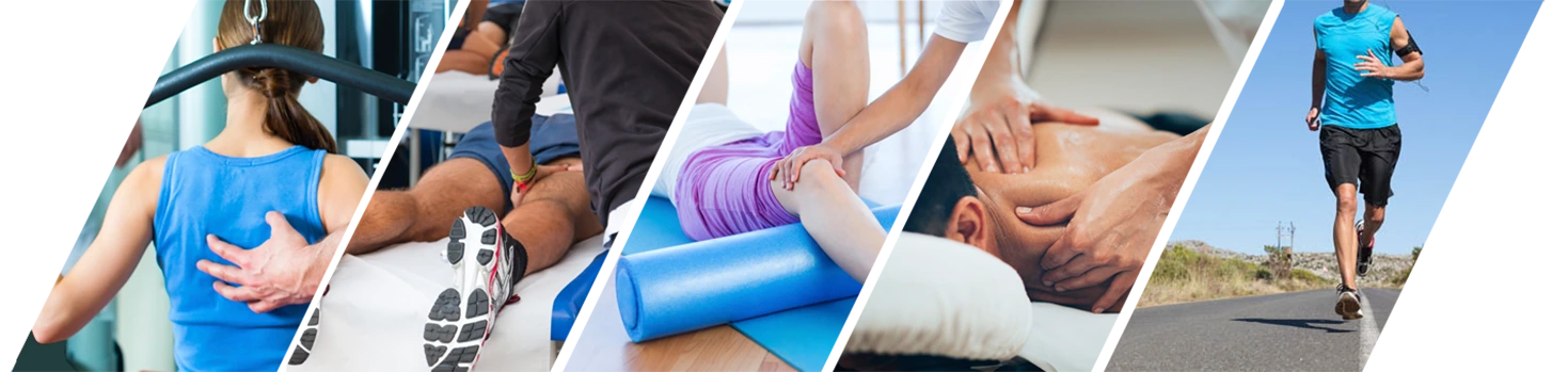Collage d'activités sportives et de récupération : entraînement, étirements, physiothérapie, massages et course à pied, illustrant l'utilisation complète d'équipements spécialisés pour l'entretien et la récupération musculaire.