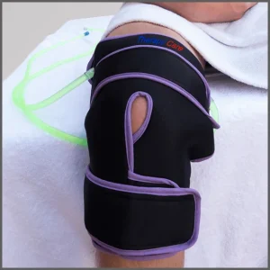 Vue de face d'un échangeur de genou pour l'application de chaleur, de froid ou de contrastes thermiques dans les processus musculaires.