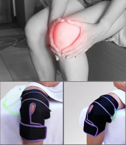 Image d'une personne souffrant de douleurs au genou appliquant une genouillère reliée à un système de cryothérapie sans glace. Ce procédé contribue à prévenir les blessures en favorisant une récupération musculaire et articulaire sûre et efficace.