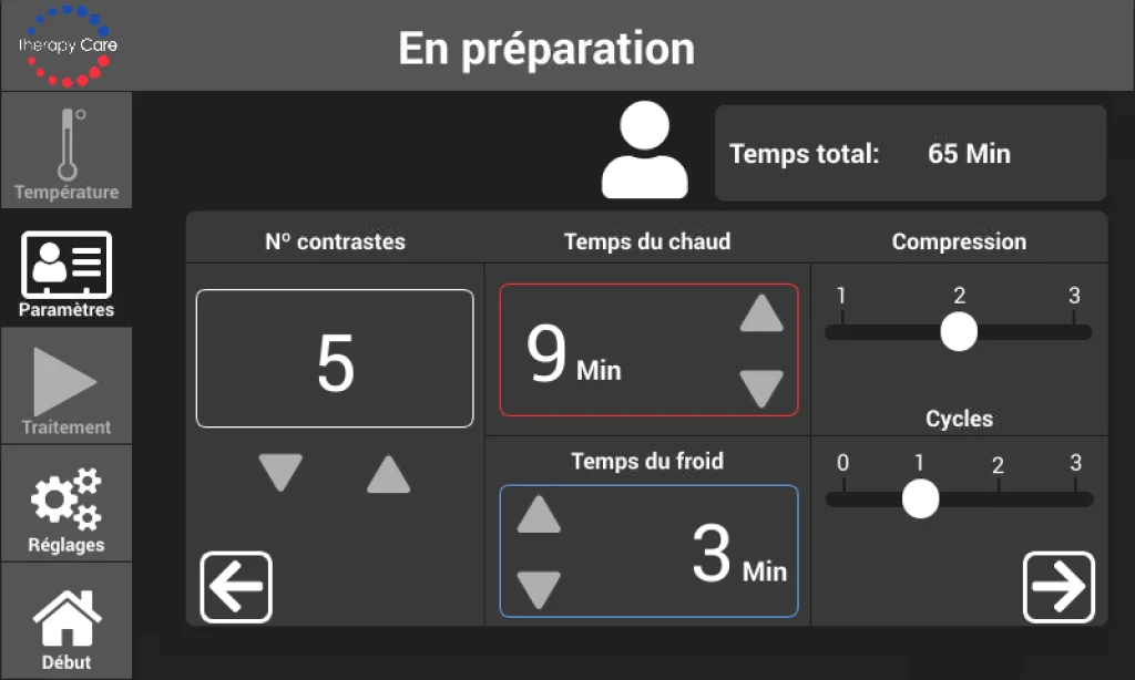 Écran de contrôle du système permettant de régler les temps de chauffage et de refroidissement, le nombre de contrastes, ainsi que les niveaux et les cycles de compression avant le démarrage du processus.