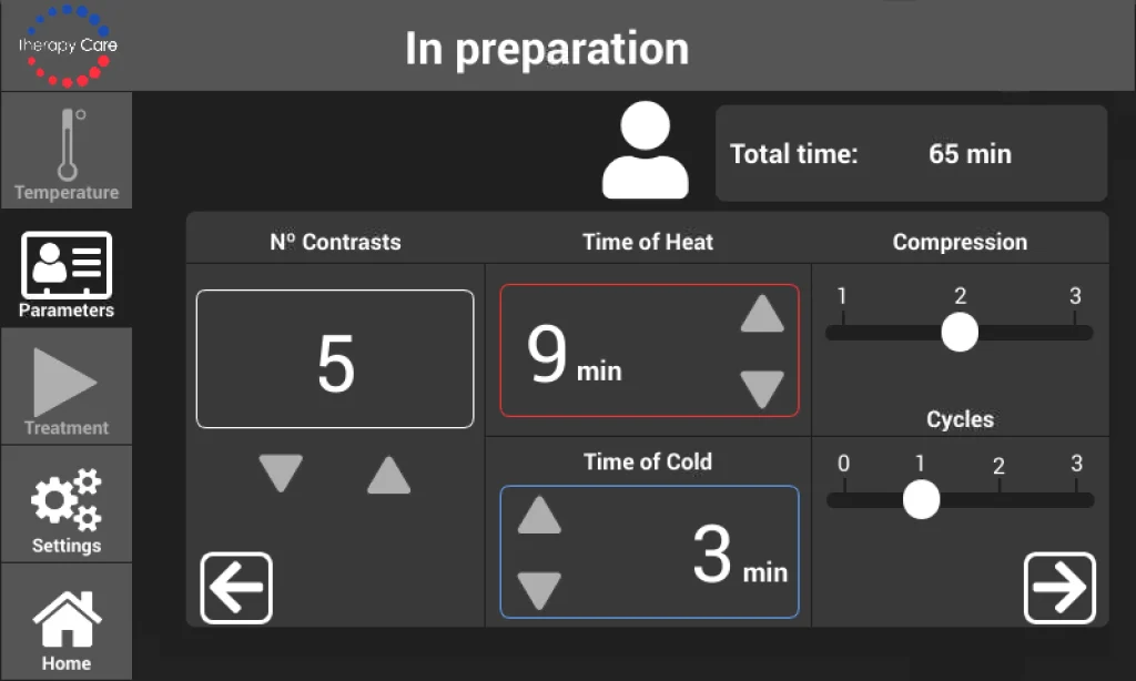 System display showing continuous monitoring of process parameters, with control of time, temperature, compression and active cycles.