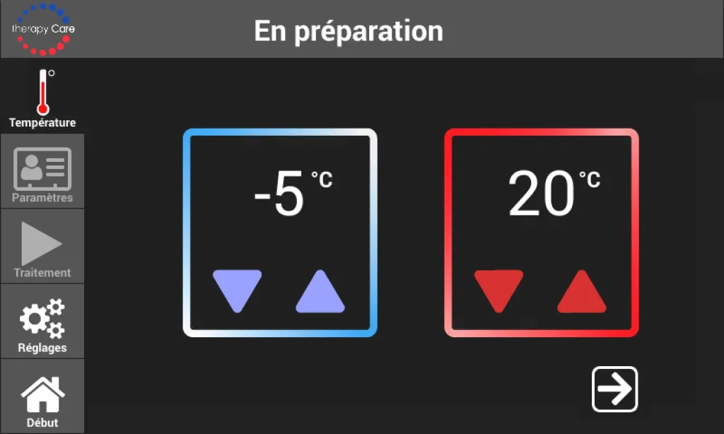 Affichage numérique indiquant la sélection de la température : fluide froid à -5 °C et fluide chaud à 20 °C, avec commandes de réglage.