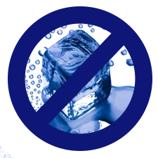 Prohibition symbol on an ice cube, representing active cooling technology without the need for ice or water.