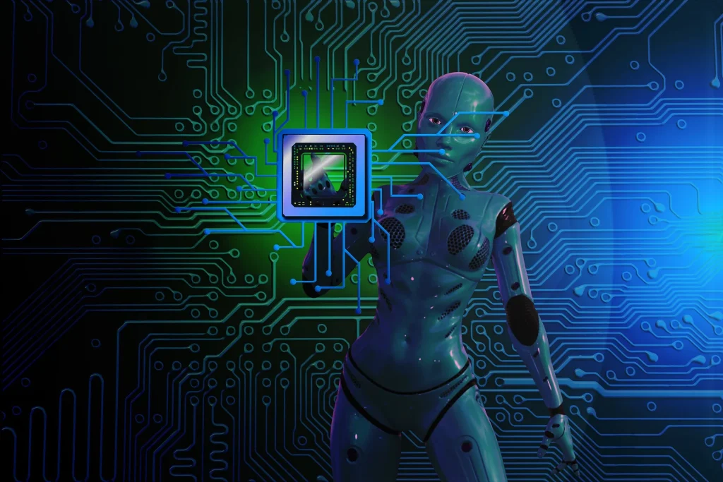Représentation futuriste d'une technologie de pointe, avec un androïde interagissant avec une puce numérique illuminée, symbolisant l'innovation et la précision technologique.