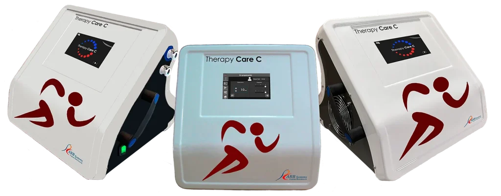 Dispositif Therapy Care C pour applications de cryothérapie sans glace utilisant la compression hydraulique, conçu pour prévenir la douleur et accélérer la récupération musculaire.