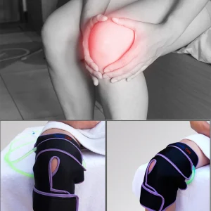 Imagen de una persona con dolor en la rodilla y la aplicación de una rodillera conectada a un sistema de crioterapia sin hielo. Este proceso ayuda a prevenir lesiones favoreciendo la recuperación muscular y articular de forma segura y eficaz.